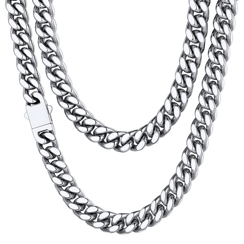 ChainsHouse Stainless Steel Mens Cuban Link Chain, Black/ 18K Gold Plated Miami Cuban Chain Necklace, 5mm/7mm/9mm/12mm/14mm Width, No Tarnish& Durable Hip Hop Mens Jewelry, 18"-30", Send Gift Box - color: a. 9mm width-steel, size: 20 inches