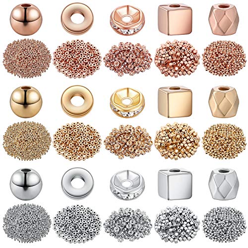 3630 Pieces Assorted Spacer Beads Faceted Rondelle Cube Square Column Loose Beads Crystal Round Charms for Jewelry Making DIY, 5 Styles(Platinum, Gold, Rose Gold) - color: Platinum, Gold, Rose Gold