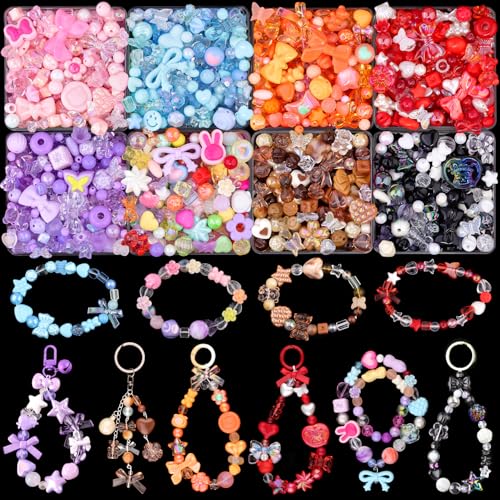 500-550PCS TINKRSTUFF Assorted Acrylic Beads,Mixed Cute Beads for Bracelet Making, Aesthetic Butterfly GummyBear Star Flower Bow Kawaii Charms for Jewelry Necklace Making DIY Keychain Phone Charm - color: 320g-8 Color Series-Pink+Blue+Purple+Orange+Red+Bl