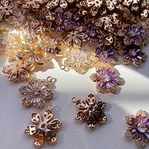 Crystal Zirconia Gold Plated Brass Charms for Jewelry Making Bracelet Necklace Earring Pendant Craft Supplies DIY Accessories - color: FlowerB-Purple-6Pcs
