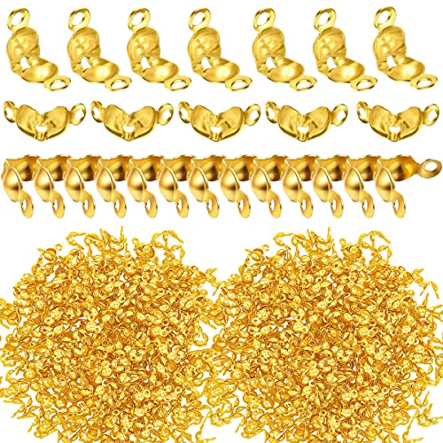 1500 Pieces Beads Tips Knot Covers Clamshell Crimp Tips Beads Set Calotte Ends Knot Covers Fold-Over Bead Covers for Jewelry Making DIY Bracelet Necklaces(Gold) - color: Gold