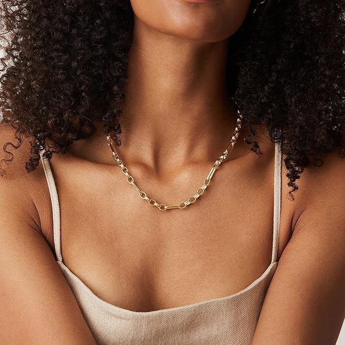PAVOI 14K Gold Plated Curb Paperclip Box Sphere Bead Snake Herringbone and Figaro Chain Adjustable Necklace - style: Chain