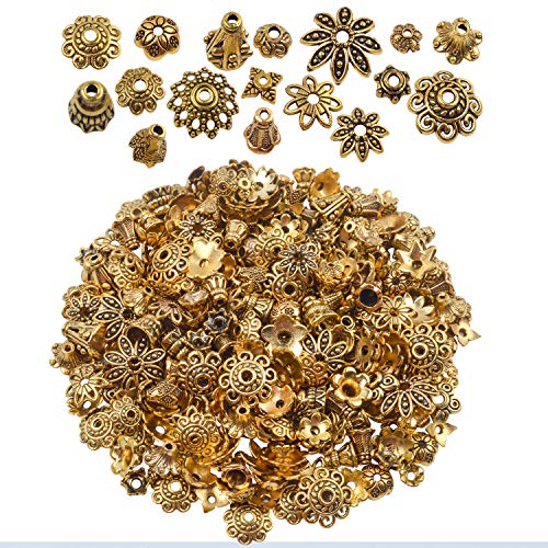 BronaGrand 100 Gram(About 250-350pcs) Bali Style Jewelry Making Metal Bead Caps Deluxe New Mix,Antique Gold - color: Antique Gold