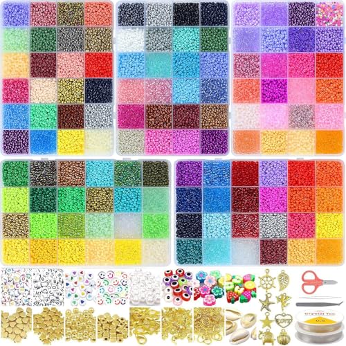 32400pcs Glass Seed Beads for Jewelry Making Kit, 120 Colors 3mm Small Beads Kit Bracelet Beads with Letter Evil Eye Beads Jump Rings & Charms Pendants for Bracelets Making, DIY, Adult Craft Supplies - size: 3mm