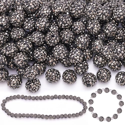 100 Pcs Hematite Rhinestone Beads for Jewelry Making, Sparkle Crystal Clay Christmas for Bracelet Baseball Necklace Earring Crafting and DIY, Shiny Round Shamballa Disco Ball Beads Bulk - color: Hematite, size: 100 pcs