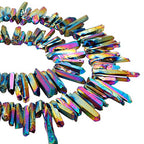 SUNYIK Rainbow Titanium Coated Crystal Points Quartz Rough Sticks Spikes Point Beads 15 inch Strand Drilled - color: #2-Rainbow(Rough), size: 0.4"-1.3"