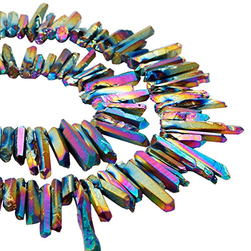 SUNYIK Rainbow Titanium Coated Crystal Points Quartz Rough Sticks Spikes Point Beads 15 inch Strand Drilled - color: #2-Rainbow(Rough), size: 0.4"-1.3"