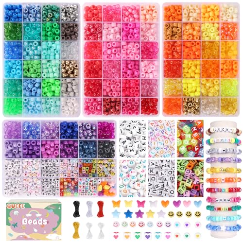 QUEFE 4900pcs Pony Beads Kandi Bracelet Kit, Friendship Bracelet Making Kit with 84 Colors Kandi Beads, Hair Beads and Letter Heart for Craft Gifts Bracelets Jewelry Making with Elastic Strings - color: B-84 colors
