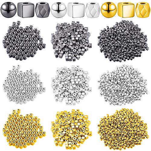 Yaomiao 3000 Pieces Spacer Beads Set Friendship Bracelet Kit Bracelet Beads Assorted Round Cube Column Gold Sliver Beads for Bracelet Jewelry Making(Gold, Sliver, Black) - color: Gold