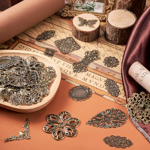 Cheriswelry 84pcs Tibetan Iron Filigree Joiners Antique Bronze Vintage Link Charms Rhombus Flower Butterfly Triangle Teardrop Metal Necklace Pendants 23~73.5mm for DIY Craft Jewelry Making