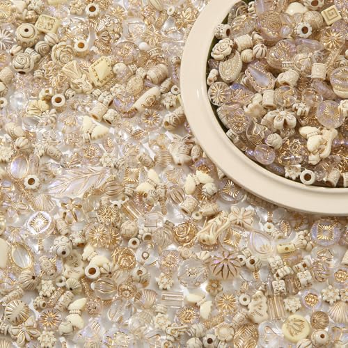 200G Vintage Acrylic Beads 240-320pcs Assorted Aesthetic Bead Bulk Transparent Flower Leaf Acrylic Beads for Keychain Bracelets Jewelry Making DIY Plastic Crafts(tmj) - color: transparend&golden&white