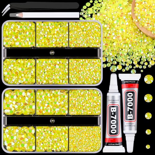 Resin Jelly Rhinestones for Crafting with B7000 Jewelry Glue, 2 Boxes Lemon Yellow AB Flatback Crystals with 2Pcs 10ml Glue, Bedazzling Non Hotfix Gems for DIY Tumblers Clothing Shoes Manicure - color: Lemon Yellow AB, size: 2 Mini Pack + Glue