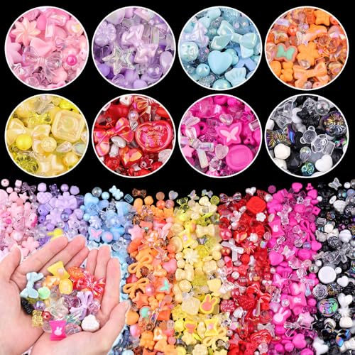 500-550PCS TINKRSTUFF Assorted Acrylic Beads, 8 Colors Mixed Cute Beads for Bracelet Making, Star GummyBear Bow Flower Kawaii Beads, Aesthetic Bead for Necklace Keychain Jewelry Making DIY Phone Charm - color: 8 Color Series-Pink+Blue+Purple+Orange+Red+Bl