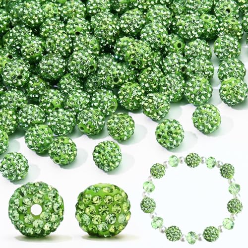 Dowarm 110PCS 10MM Rhinestone Beads for Jewelry Making, Rhinestone Clay Beads for Crafts Bracelet Baseball Necklace Earring Beaded Pen, Shamballa Pave Disco Diamond Chunky Bead - color: 21-Light Green, size: 10MM