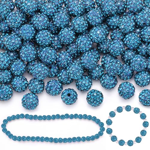 100 Pcs Blue Zircon Rhinestone Beads for Jewelry Making, Sparkle Crystal Clay Christmas for Bracelet Baseball Necklace Earring Crafting and DIY, Shiny Round Shamballa Disco Ball Beads Bulk - color: Blue Zircon, size: 100 pcs