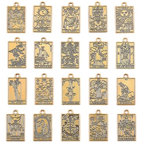 SUNNYCLUE 1 Box 40Pcs 20 Styles Tarot Card Charms Occult Charms Bulk Antique Gold Rectangle Metal Magic Divination Alloy Gothic Pendants for Jewelry Making Halloween Necklace Bracelet Earrings DIY - color: Antique Gold