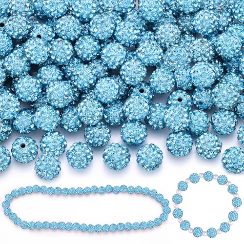100 Pcs Aquamarine Rhinestone Beads for Jewelry Making, Sparkle Crystal Clay Christmas for Bracelet Baseball Necklace Earring Crafting and DIY, Shiny Round Shamballa Disco Ball Beads Bulk - color: Aquamarine, size: 100 pcs