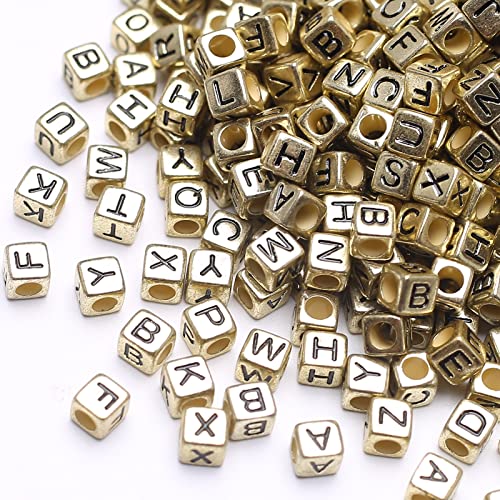 1000Pcs Square Letters Beads Antique Gold-Metallic-Color Cube Beads Acrylic Black Alphabet Bead Vintage Golden Cube Alphabet Bead for Jewelry Making DIY Friendship Bracelet - color: Vintage Golden-black(6mm)