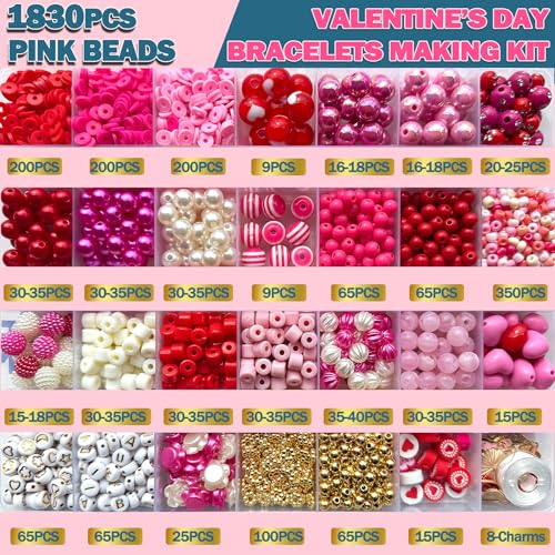 1800PCS+ Valentine’s Day Beads for Bracelets Jewelry Making Set, Pink Red Polymer Clay Beads Assorted Pearl Acrylic Heart Bead Letter Spacer Flower Bead and Heart Charms for Necklace Bracelets Making