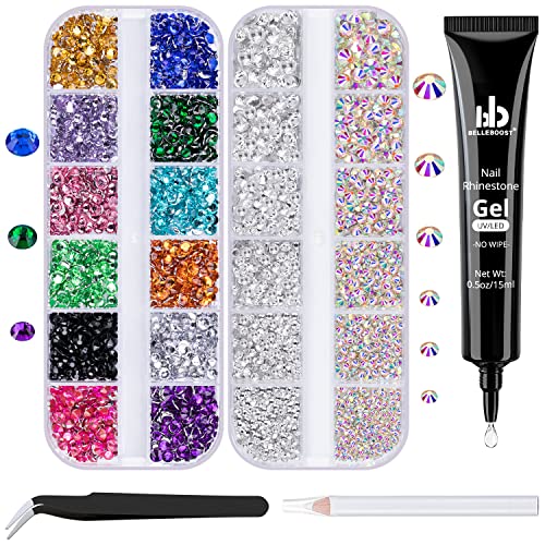 BELLEBOOST Nail Art Rhinestone Kit, 15ml Rhinestone Gel Glue+Colorful Gems+Flatback Glass Crystal AB&Clear Gemstones with Pickup Tools for Bedazzling Nail and Face Makeup - color: A01-AB&Clear+ Multicolored