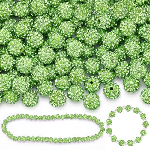 100 Pcs Light Green Rhinestone Beads for Jewelry Making, Sparkle Crystal Clay Christmas for Bracelet Baseball Necklace Earring Crafting and DIY, Shiny Round Shamballa Disco Ball Beads Bulk - color: Light Green, size: 100 pcs