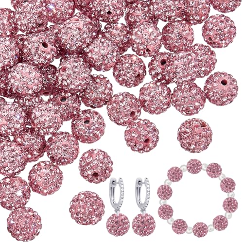 PH PandaHall 100pcs 10mm Pink Rhinestone Beads Clay Pave Disco Ball Round Diamond Clay Beads for Necklace Bracelet Jewelry Making Party Decoration - color: Pink