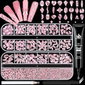 1680Pcs Pink Glass Nail Rhinestones 180Pcs Multi Shapes Flatback Nail Gems + 1500Pcs 1.5-4mm Round Crystal with Rhinestones Glue Gel, Manicure Nail Charms Diamond Gemstones for Nail Art - color: Pink with Glue