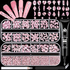 1680Pcs Pink Glass Nail Rhinestones 180Pcs Multi Shapes Flatback Nail Gems + 1500Pcs 1.5-4mm Round Crystal with Rhinestones Glue Gel, Manicure Nail Charms Diamond Gemstones for Nail Art - color: Pink with Glue