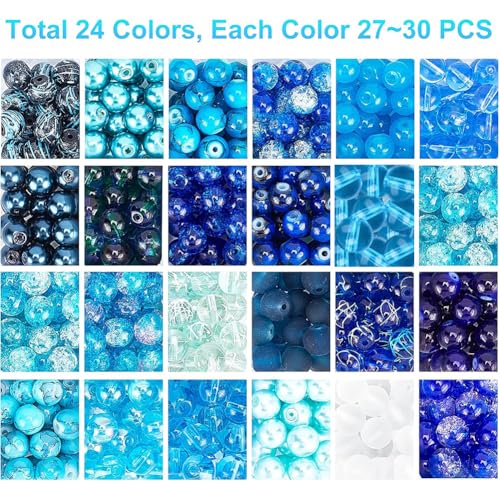 PH PandaHall 720pcs 8mm Blue Beads for Jewelry Making Glass Beads 24 Color Bracelet Bead Round Craft Loose Bead for Bracelets Necklaces Earring Summer Hawaii Boho Heshi Surfer Wave Jewelry Making - color: Blue