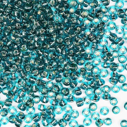 4mm Blue-Green Seed Beads for Jewelry Making 200 Grams About 3380pcs,6/0 Glass Craft for Making Earrings, Bracelets, Pendants, DIY Handmade Seed Beads（Blue-Green Silver Lined） - color: Blue-Green Silver Lined, size: 4mm