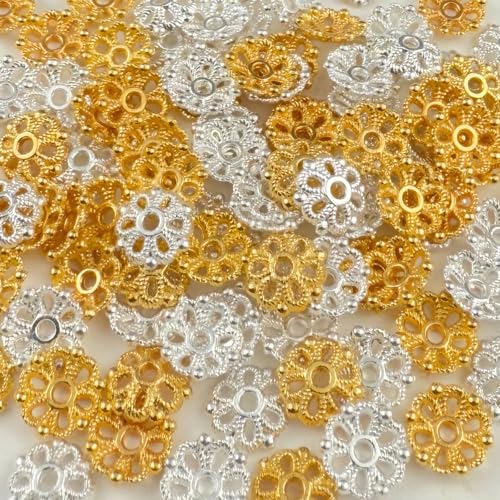 100pcs 8mm Flower Shape Metal Bead Caps Mini Alloy Spacer Beads Caps Accessories for DIY Craft Jewelry Making Bracelet Necklace Earring(Gold and Silver) - color: Gold and Silver, size: 8mm