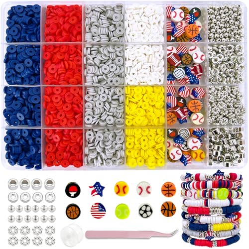 MIIIM Sports Clay Beads Kit for Bracelets Making, Football Heishi Beads, 4th of July Beads Clay Charms and Silver Spacers for Jewelry Making, Friendship Bracelet Kit for Crafts, Concert, Raves - color: red white blue