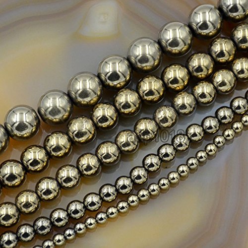 AD Beads Natural Faceted & Smooth Metallic Hematite Round Gemstone Loose Beads 16" 2mm 3mm 4mm 6mm 8mm 10mm (6mm, Pyrite Hematite (Smooth)) - color: Pyrite Hematite (Smooth), size: 6mm