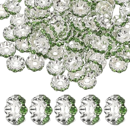 PATIKIL 12mm Wavy Rhinestone Spacer Beads, 100Pack Loose Jewelry Making Spacers Beadable Rondelle Diamond Beads DIY Bracelets Pen Silver Plated for Craft Supplies Decor, Green - color: Green