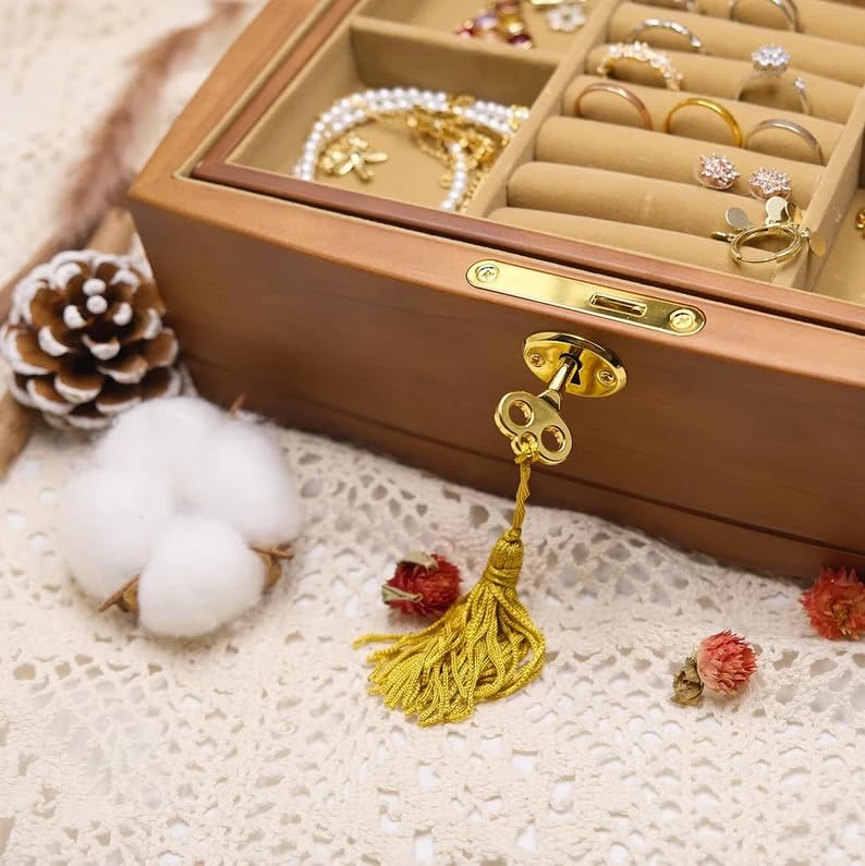 Personalized Wooden Jewelry Box, Customized Double Layer Retro Jewelry Organizer with Lock and Key for Women Girls, Birthday Gift for Her, Artners, Elders, Mom, Friends, Girlfriends and Bridesmaids