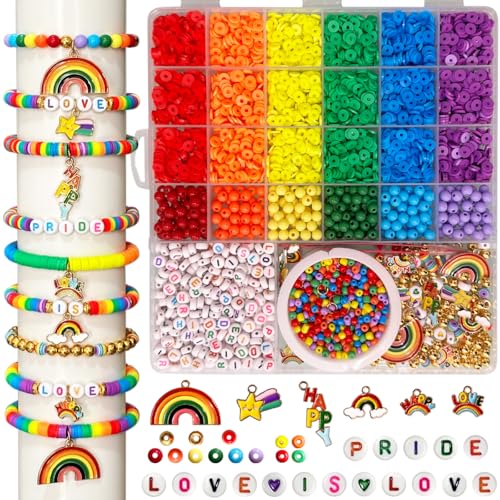 Pride Rainbow Clay Beads Bracelets Making Kit, Love is Love Beads Art DIY Craft Kit, Rainbow Color Jewelry Making Kit Party Supplies, Set of 1 Box