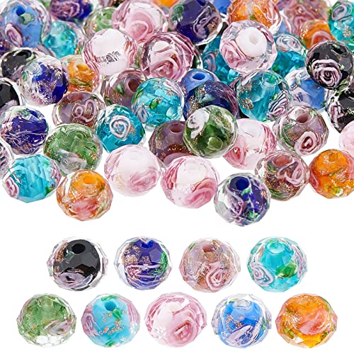 OLYCRAFT 90Pcs Gold Sand Lampwork Beads Strands Handmade Inner Flower Beads Faceted Rondelle Beads for Jewelry Making 8x6mm Mixed Color - color: Gold Sand Lampwork Beads - 8mm