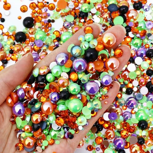 60g Mix Pearls and Rhinestones, Half Pearls and Rhinestones for Crafts Tumblers Shoes Nails Face Art, 2mm-10mm Mixed Sizes, Halloween Blend - color: Halloween Blend