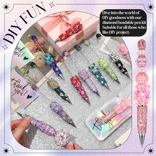 Tondiamo 45 Pcs Full Rhinestone Beadable Pens Bulk Set 15 Glitter Diamond Pens with Cards & Bags Fancy Beaded Pen for Beads DIY Cute Journalling Bling Ballpoint Craft Making(Rose Diamonds) - style: Rose Diamonds