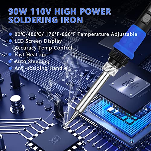 Soldering Iron Kit, 90W LED Digital Solder Iron Kit with Ceramic Heater, 110V Welding Tools with Smart Temperature Control, Auto Sleep, Temp Calibration, C/F, Accurate 176℉-896℉ - color: 90w- 9-in-1