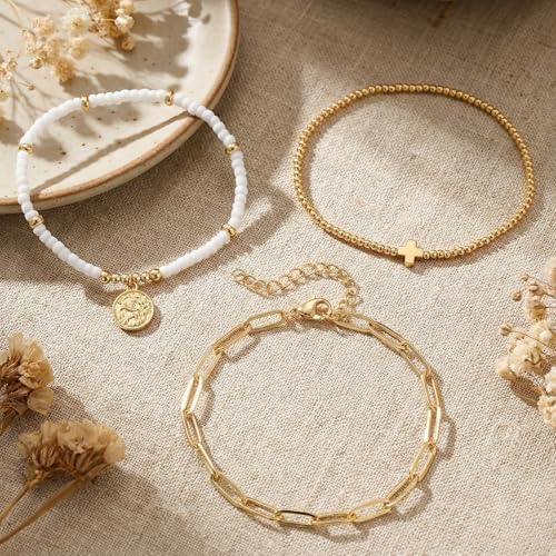 Christian Cross Jesus Pendant Charm Gold Rope String Beaded Bracelets Stack Set for Women,Handmade Bohemian Colorful Adjustable Jewelry,God Lucky Protection Friendship Gift - color: White Ball
