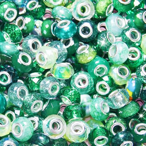 60Pcs Large Hole Beads Spacer Beads Dark Green Assorted European Craft Big Beads Large Hole Lampwork Murano Bead Fairy Wand Garden Bead for DIY Charm Bracelets Jewelry Making Decoration Supplies - color: Dark Green, size: 60 Pcs