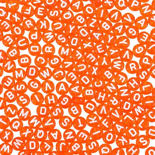 BEEFLYING 1480Pcs Transparent Acrylic Alphabet Beads Flat Round Disc A-Z White Letter Beads Clear Spacer Bead for DIY Friendship Boho Bracelet Hawaii Summer Holiday Jewelry Making (Dark Orange) - color: Dark Orange