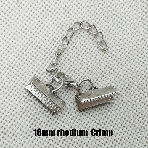 10 Set Ribbon Clamp Crimp Ends Beads Flat Cover With Lobster Claw Swivel Clasps Extension Chain Jump Rings Cords End Caps String Leather Clip Foldover Necklace Bracelet Connectors (Rhodium Crimp 16mm) - color: Rhodium Crimp 16mm