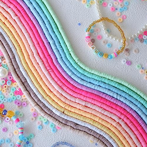 5000Pcs Clay Beads for Bracelets Making 14 Strands Polymer Clay Beads Disc Flat Heishi Beads Round Colorful Handmade Spacer Beads for Jewelry Making DIY Friendship Bracelet Necklace Earrings - color: color14