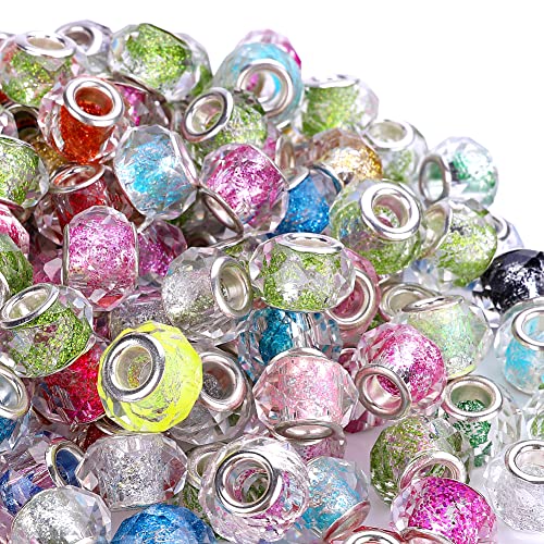 100 Pieces 14mm European Large Hole Spacer Beads Mix Color with Silver Brass Cores Assortments Charm Lampwork Beads Supplies for Necklace Bracelets Jewelry Making (Faceted Powder) - color: Faceted powder