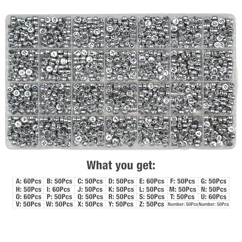 Melius Acrylic Silver Letter Beads, 1450 Pcs 4x7mm Round Alphabet Beads in 28 Grid Box for Jewelry Making, DIY Bracelets, Necklaces, Key Chains, Bracelets - color: Silver, size: 4x7mm