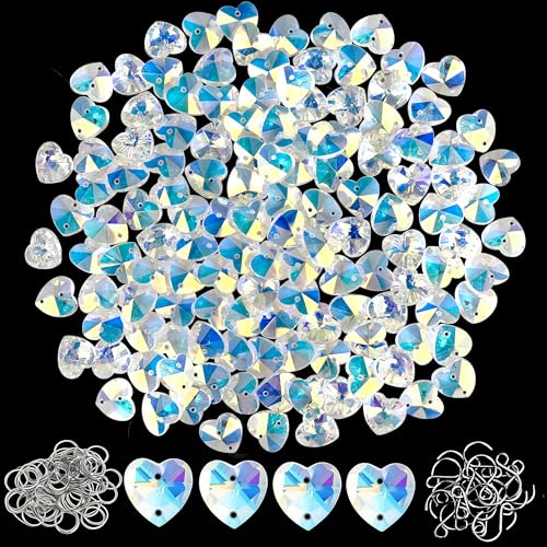 240Pcs Prism Bead Set 150 14mm Crystal Glass Heart Beads with 2 Hole Bulk Colorful Chandelier Replacement Connector Suncatcher Spacer Bead for DIY Lamp Hanging Ornament Jewelry (AB Color Heart) - color: AB Color Heart