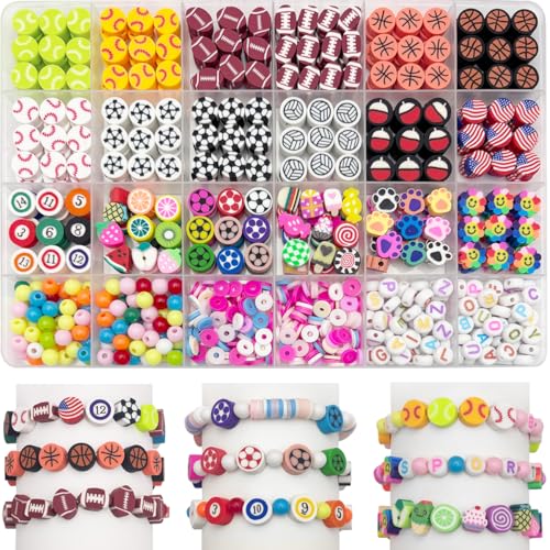 650pcs Sports Polymer Clay Beads Bracelet Making Kit, Gold Beads Clay Bead Charms, Baseball Football Basketball Soccer Volleyball, Clay Bead Charms for Jewelry Making, Necklace, Earring - color: Sports balls