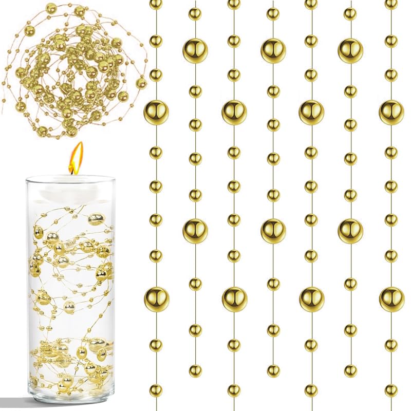 50pcs Pearls String Beads of Pearls, 10+5mm Bright Gold Artificial Pearl String for Floating Candles Centerpieces, Vase Filler, Wedding Centerpiece Christmas Party Decor - color: Brightgold, size: 10+5mm(50pcs)